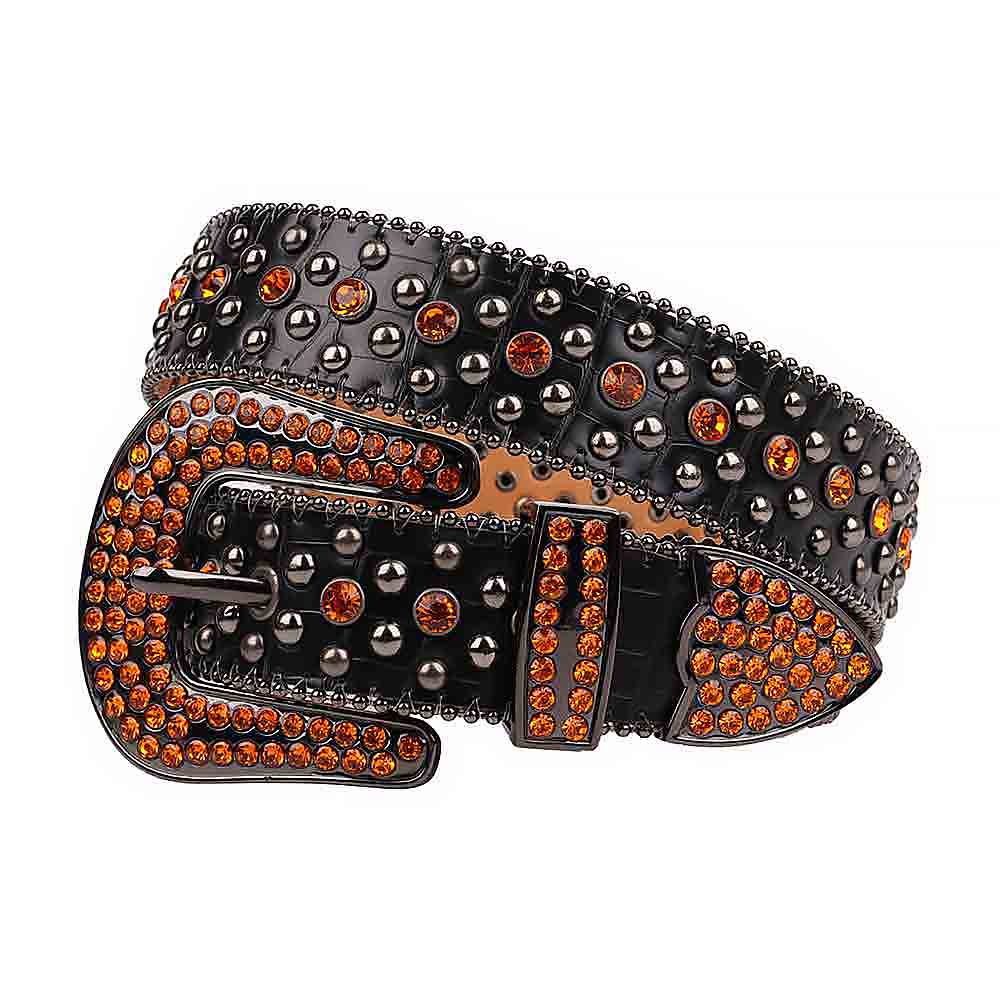Crystal-Studded Genuine Leather Belt Black With Studs And Orange Studs