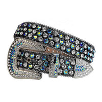 Crystal-Studded Genuine Leather Belt Black With White And Multi Gems