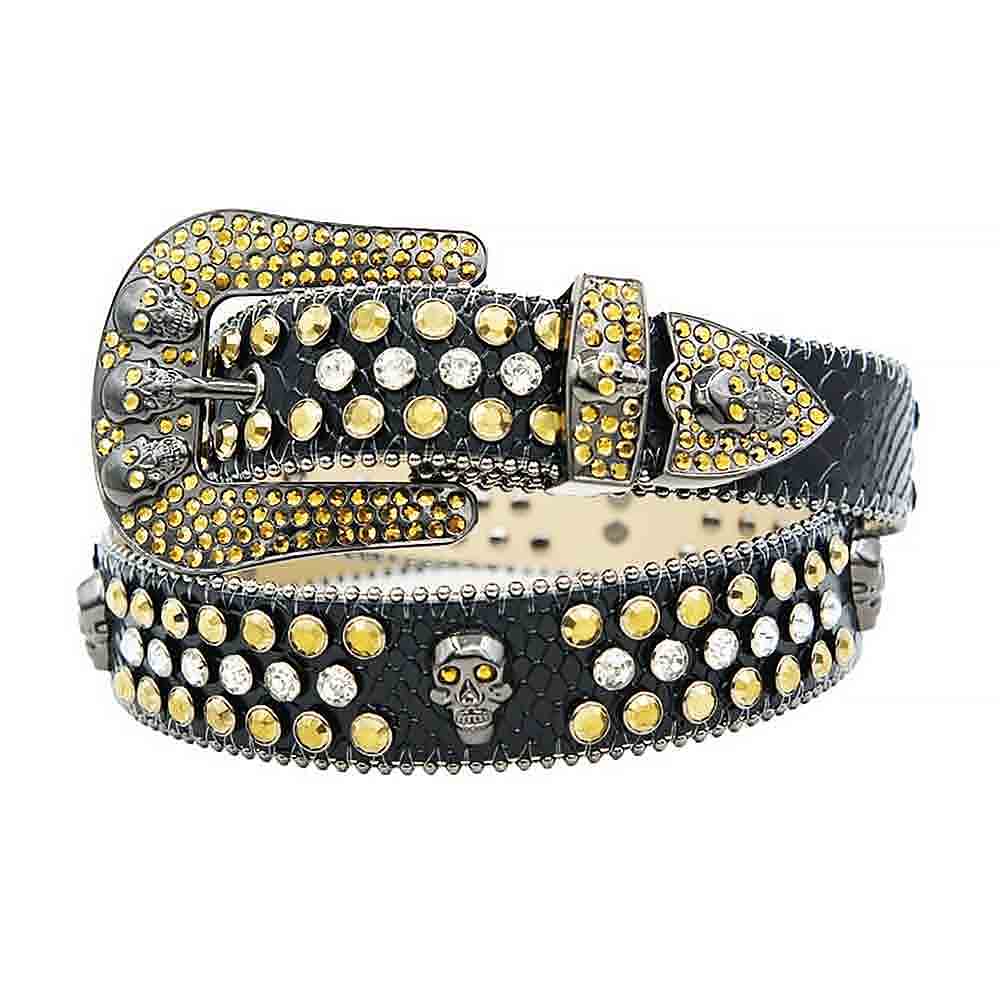 Rhinestone-Studded Genuine Leather Belt Black with 7 Skulls, Gold and White Studs