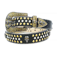 Rhinestone-Studded Genuine Leather Belt Black with 7 Skulls, Gold and White Studs