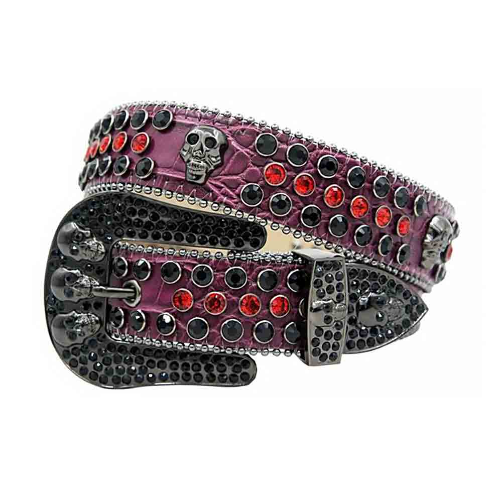 Rhinestone-Studded Genuine Leather Belt   Black with 7 Skulls, Red and Black Gems