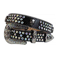 Rhinestone-Studded Genuine Leather Belt   Black with 7 Skulls and Mutli Gems