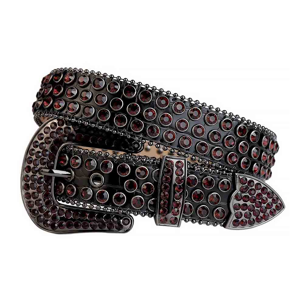Crystal-Studded Leather Waist Belt Black with Maroon Gems