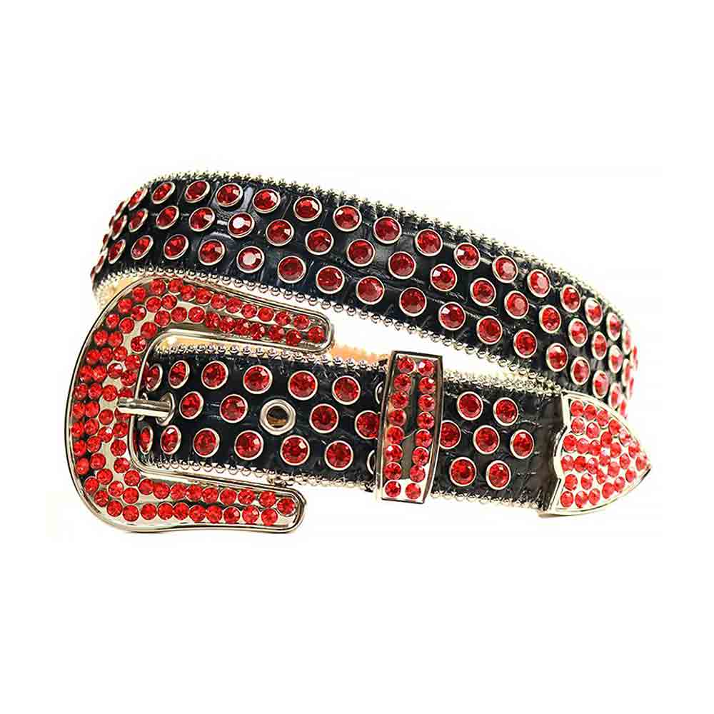 Crystal-Studded Leather Waist Belt Black with Red Studs
