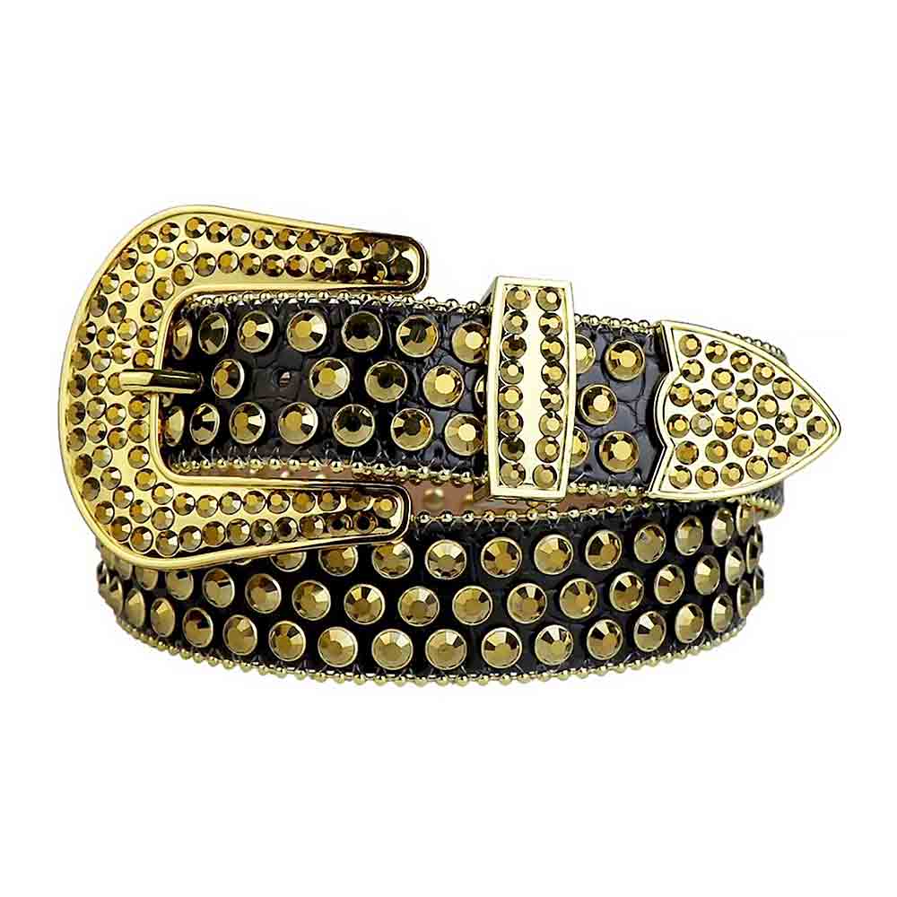 Rhinestone-Studded Genuine Leather Belt Black with Glossy Golden Stones