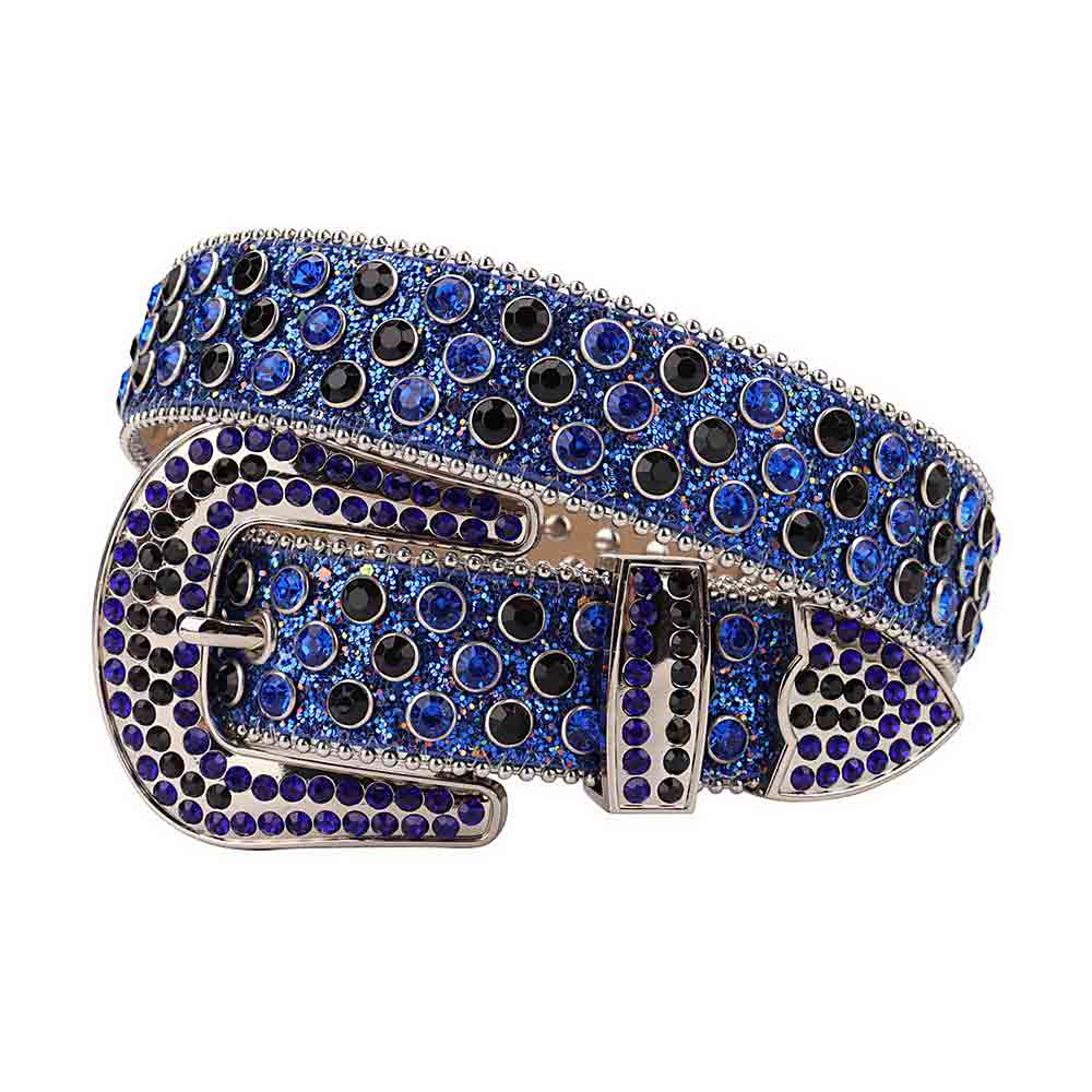 Rhinestone-Studded Genuine Leather Belt Blue Glitter With Blue And Black Gems