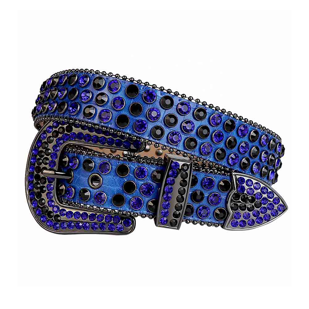 Rhinestone-Studded Genuine Leather Belt Blue With Black And Blue Gems