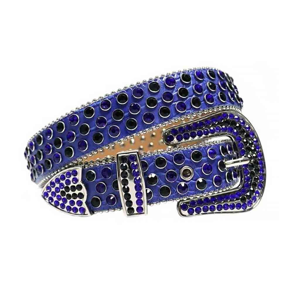 Crystal-Studded Genuine Leather Belt Blue with Black