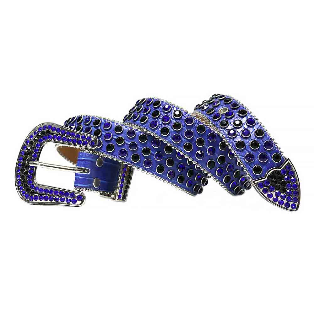 Crystal-Studded Genuine Leather Belt Blue with Black