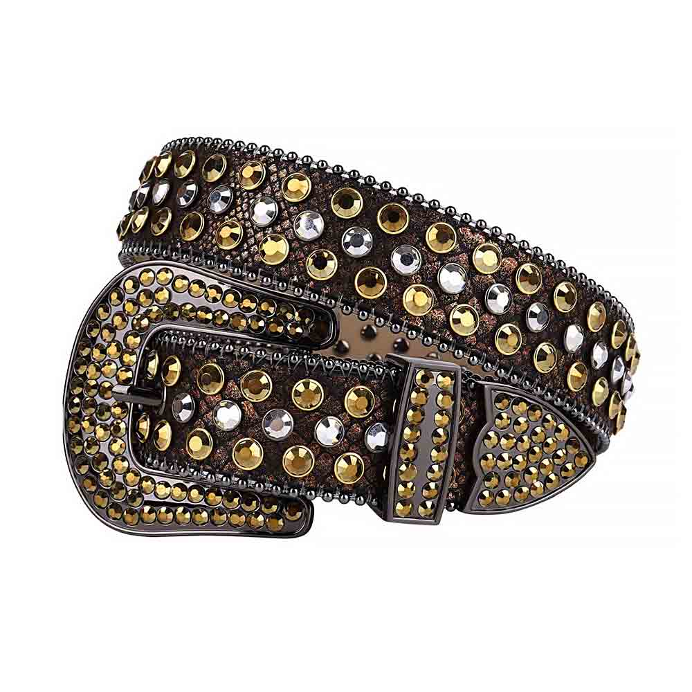 Rhinestone-Studded Leather Waist Belt   Brown With White And Gold Studs