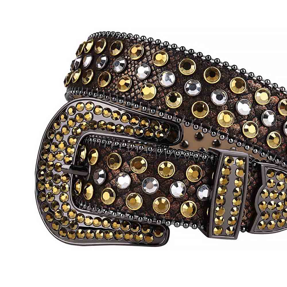 Rhinestone-Studded Leather Waist Belt   Brown With White And Gold Studs