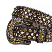 Rhinestone-Studded Leather Waist Belt   Brown With White And Gold Studs