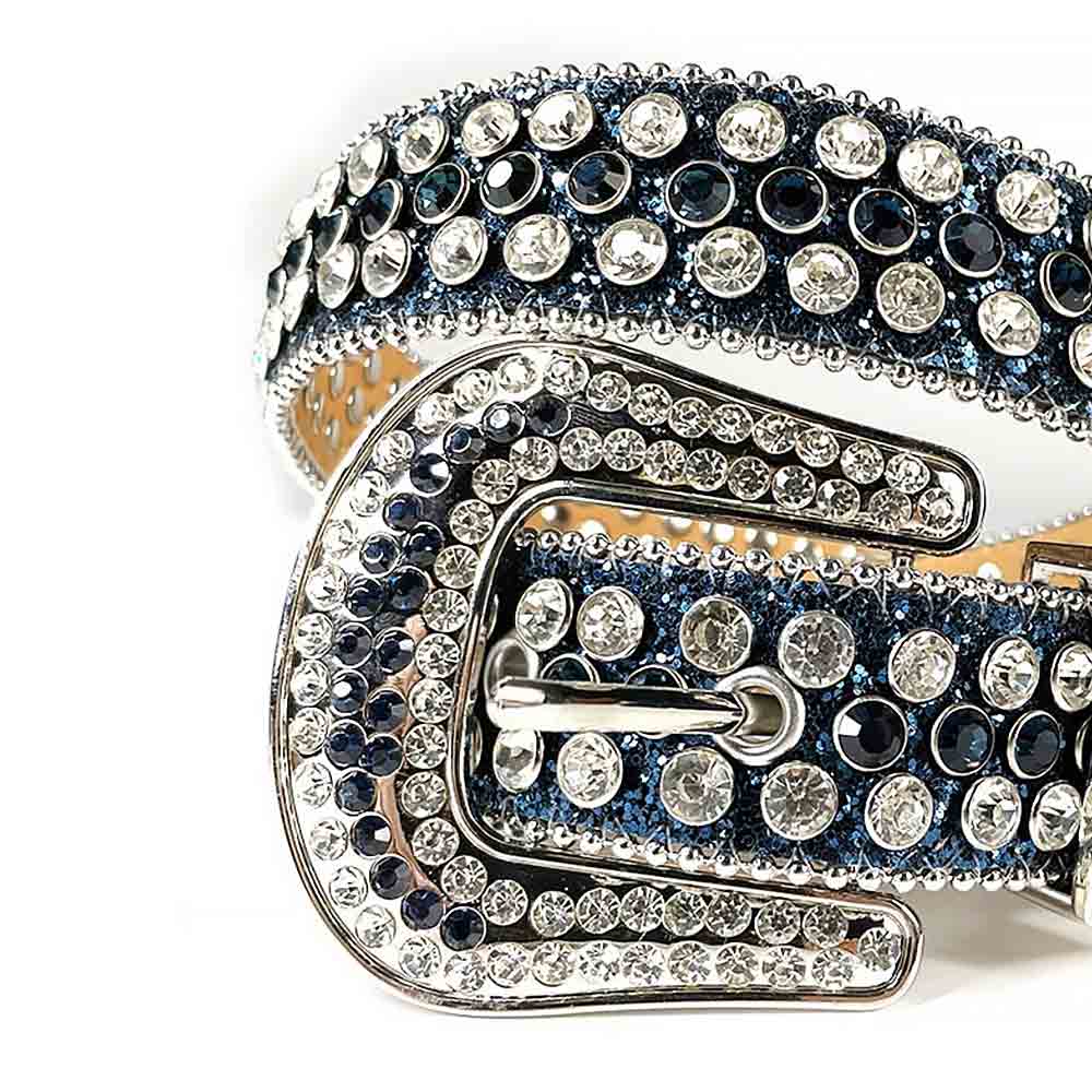Rhinestone-Studded Leather Waist Belt   Dark Blue with White Studs