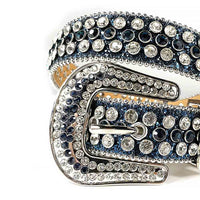 Rhinestone-Studded Leather Waist Belt   Dark Blue with White Studs