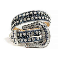 Rhinestone-Studded Leather Waist Belt   Dark Blue with White Studs