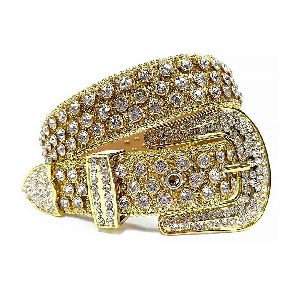 Crystal-Studded Genuine Leather Belt   Gold Big White Studs