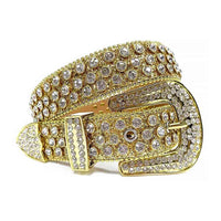 Crystal-Studded Genuine Leather Belt   Gold Big White Studs
