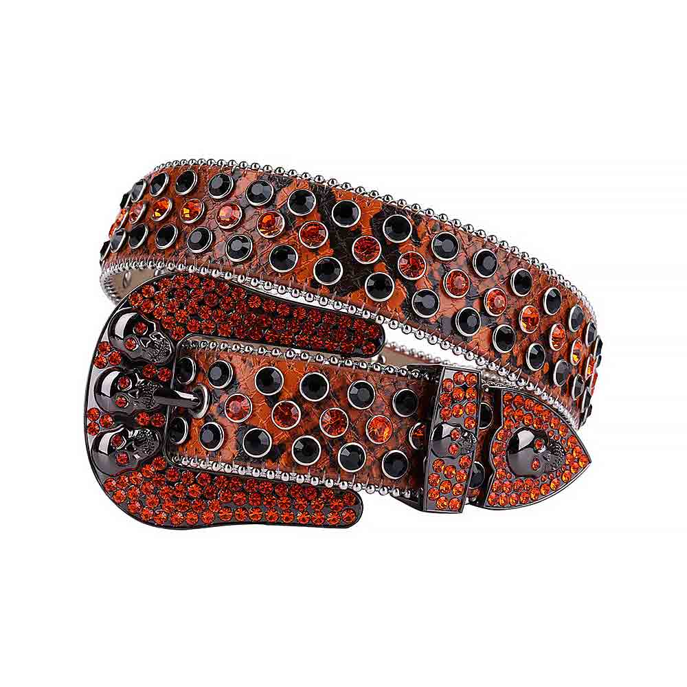 Rhinestone-Studded Leather Waist Belt Orange And Black Skull With Orange And Black Studs