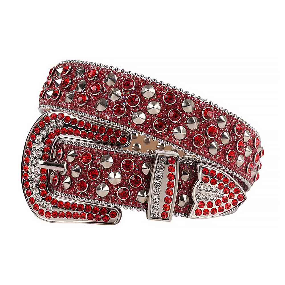 Crystal-Studded Leather Belt   Red Sparkle With Studs And Red Studs