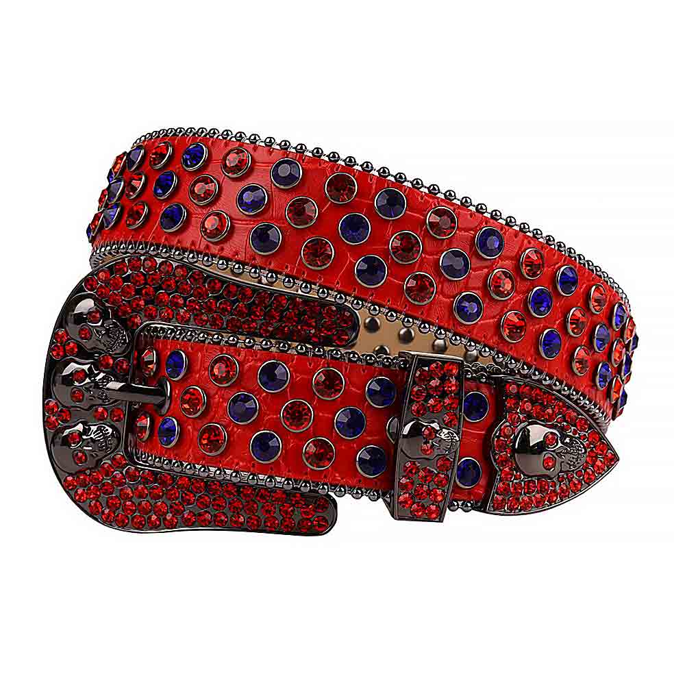 Rhinestone-Studded Leather Waist Belt   Red Skull With Red And Blue Gems