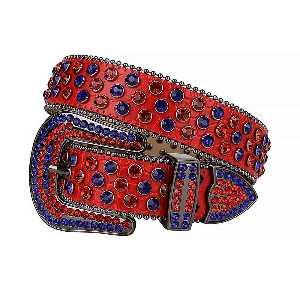 Crystal-Studded Genuine Leather Belt   Red With Red And Blue Gems