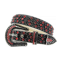 Crystal-Studded Genuine Leather Belt Red and Black Stone