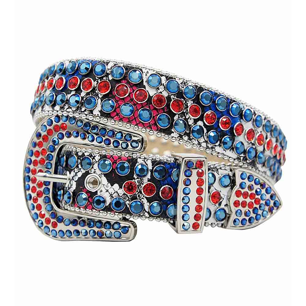Crystal-Studded Genuine Leather Belt Snake Multi With Red Blue Gems