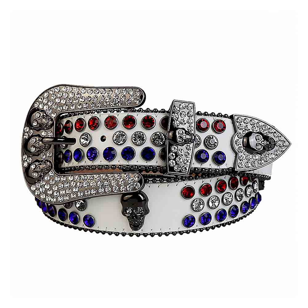 Rhinestone-Studded Leather Waist Belt White With 7 Skulls Red White Blue Studs