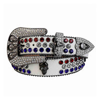 Rhinestone-Studded Leather Waist Belt White With 7 Skulls Red White Blue Studs
