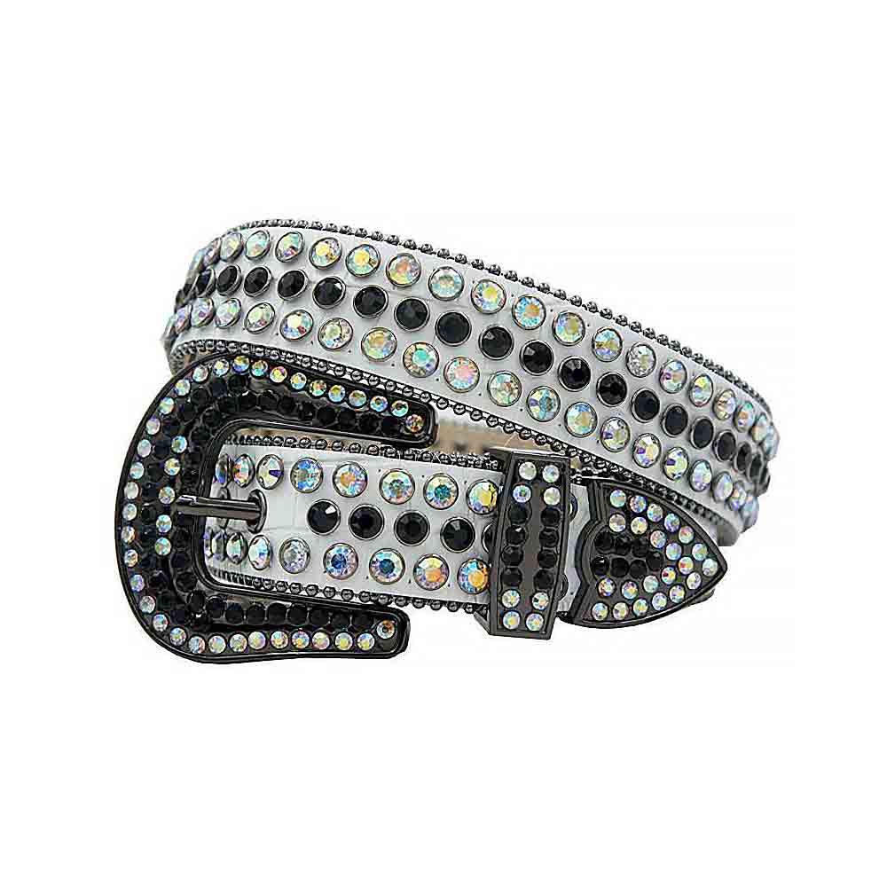 Rhinestone-Studded Genuine Leather Belt   White With Black And Multi Studs