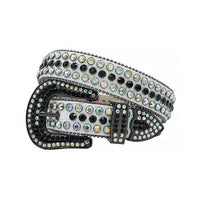 Rhinestone-Studded Genuine Leather Belt   White With Black And Multi Studs