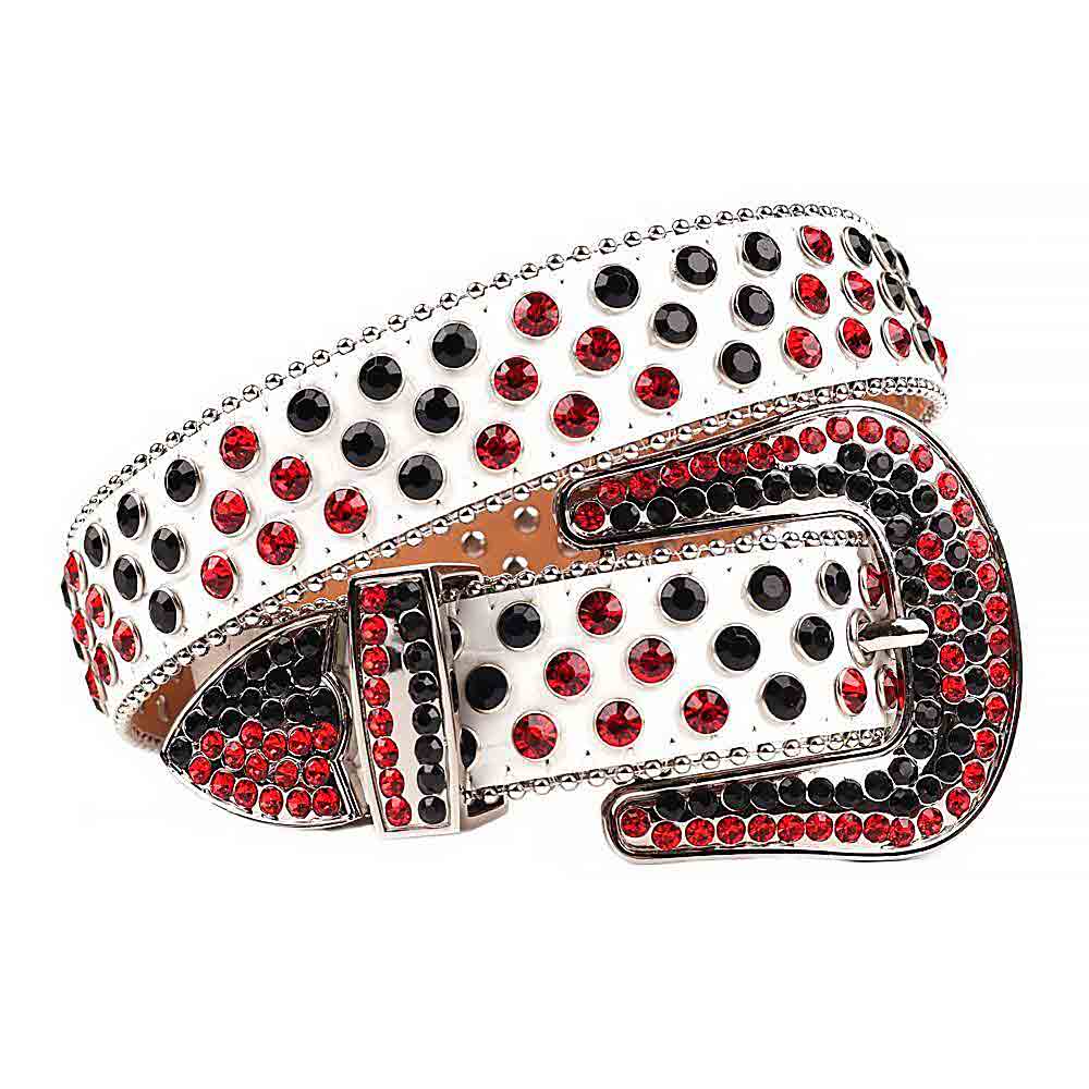 Crystal-Studded Genuine Leather Belt   White With Black And Red Gems