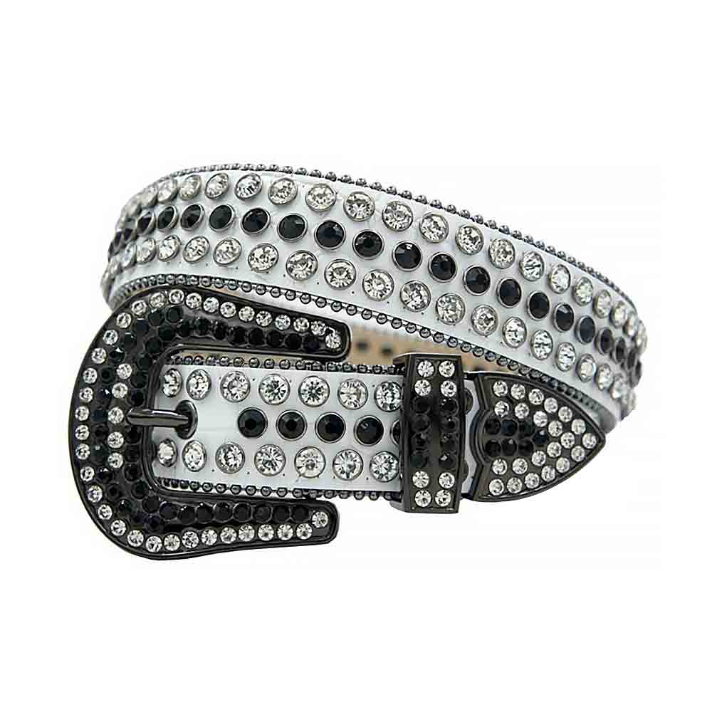 Rhinestone-Studded Leather Waist Belt   White With Black And White Studs
