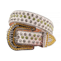 Rhinestone-Studded Genuine Leather Belt   White With Green And White Yellow Studs