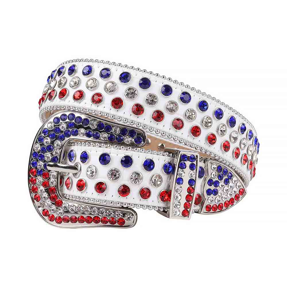 Rhinestone-Studded Genuine Leather Belt White With White And Red Blue Studs