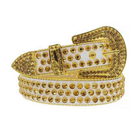 Crystal-Studded Genuine Leather Belt White and Gold