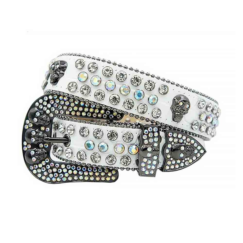 Crystal-Studded Genuine Leather Belt   White with 7 Skulls and Multi Gems