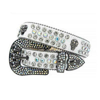 Crystal-Studded Genuine Leather Belt   White with 7 Skulls and Multi Gems