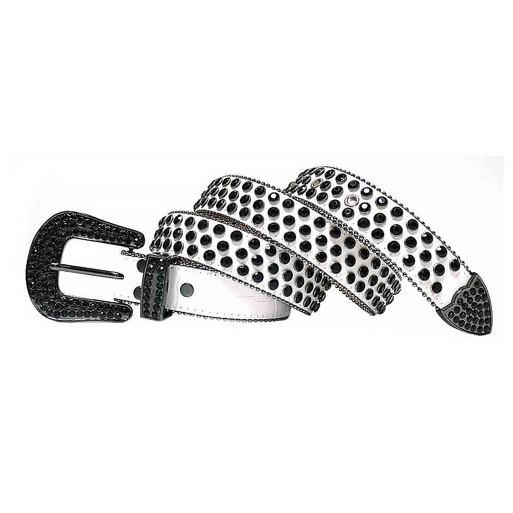 Rhinestone-Studded Leather Waist Belt White with Black