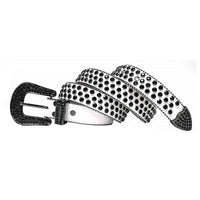 Rhinestone-Studded Leather Waist Belt White with Black