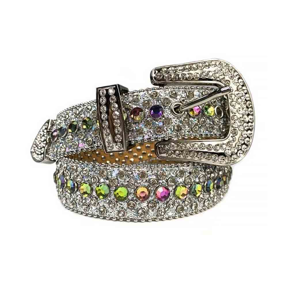 Crystal-Studded Genuine Leather Belt   White with Colors Gems