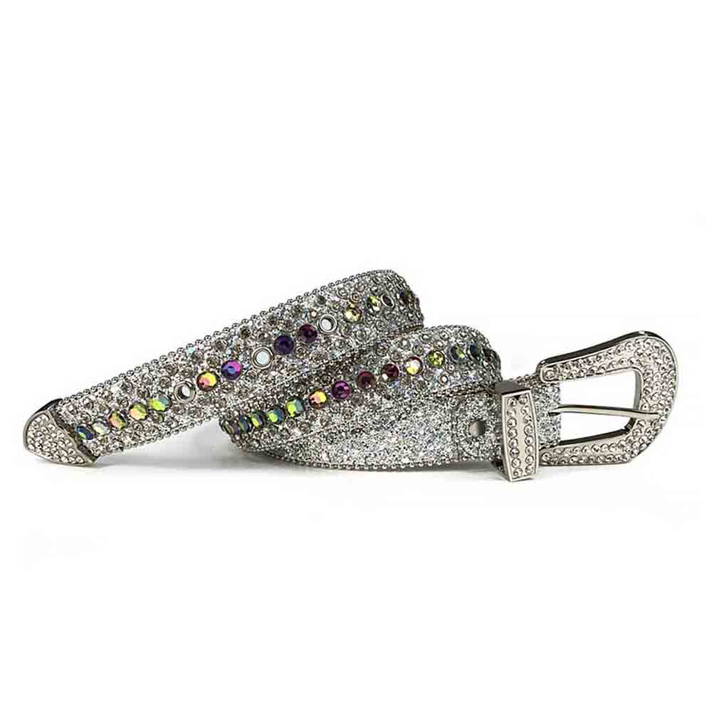 Crystal-Studded Genuine Leather Belt   White with Colors Gems