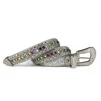 Crystal-Studded Genuine Leather Belt   White with Colors Gems
