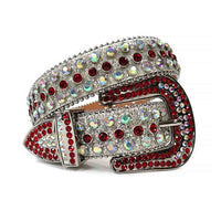 Rhinestone-Studded Genuine Leather Belt   White with Red