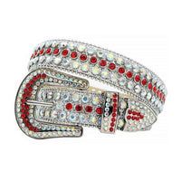 Crystal-Studded Genuine Leather Belt White with Red Gems