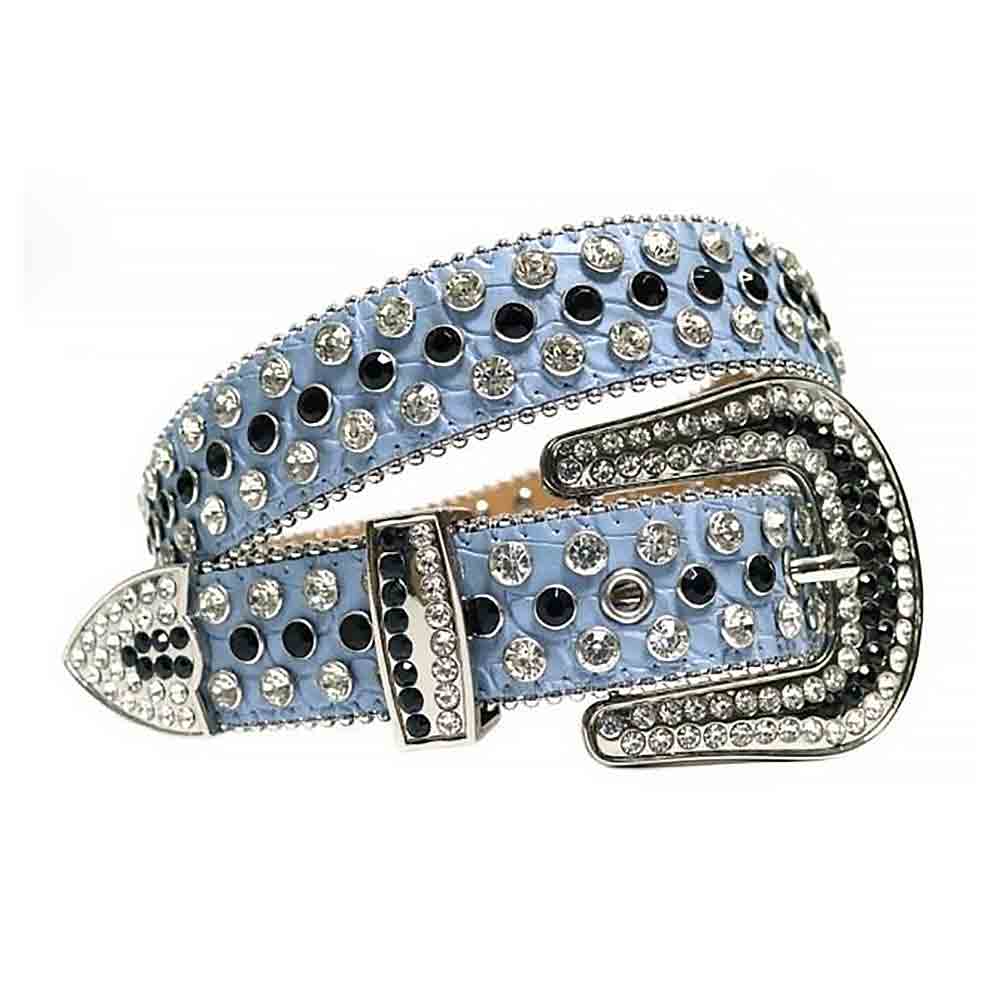 Rhinestone-Studded Genuine Leather Belt   light Blue with White and Black