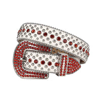Rhinestone-Studded White Leather Waist Belt With Red Studs Studs