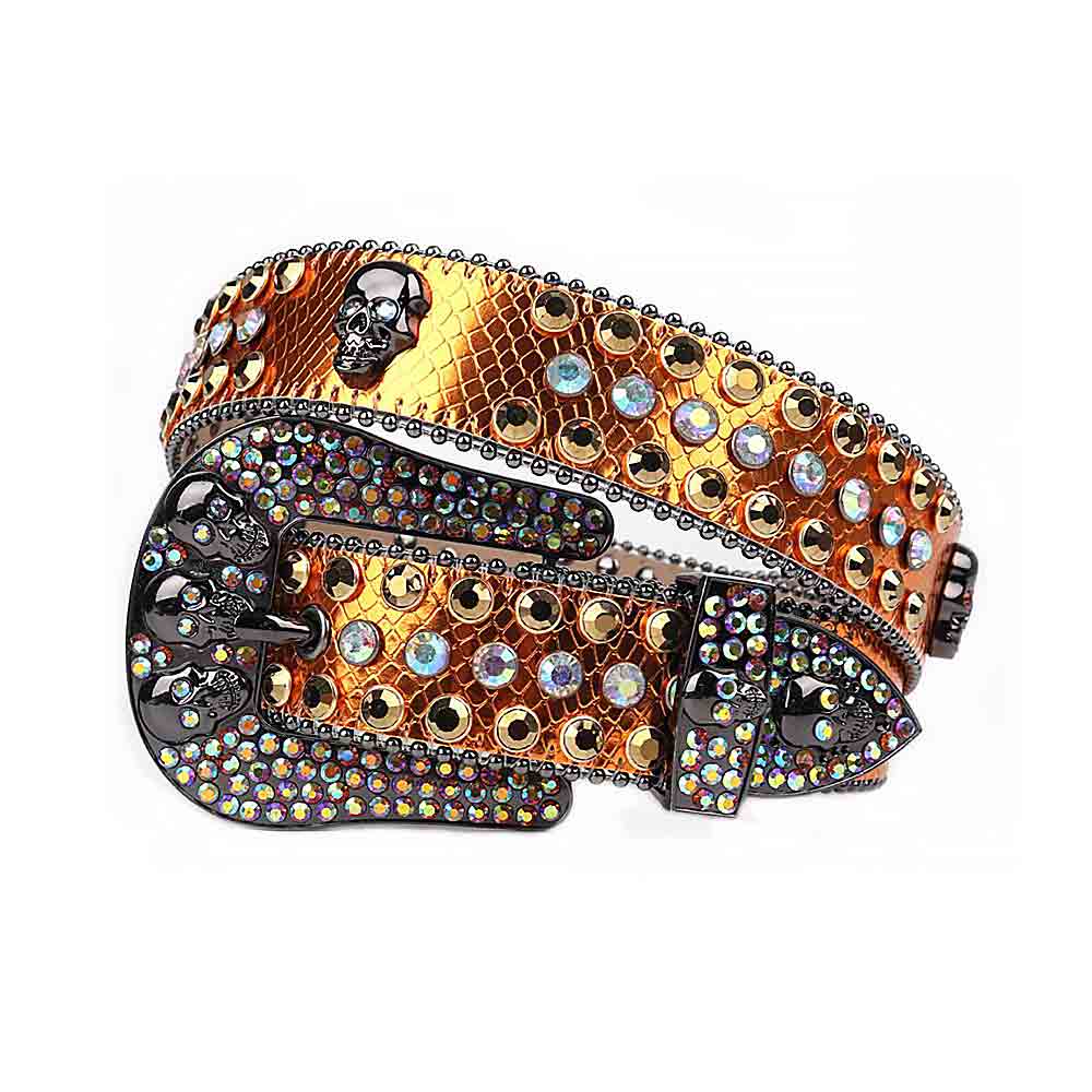 Crystal-Studded Yellow Gold Genuine Leather Belts Skull Buckle With Gold & White Multi Colour Studs