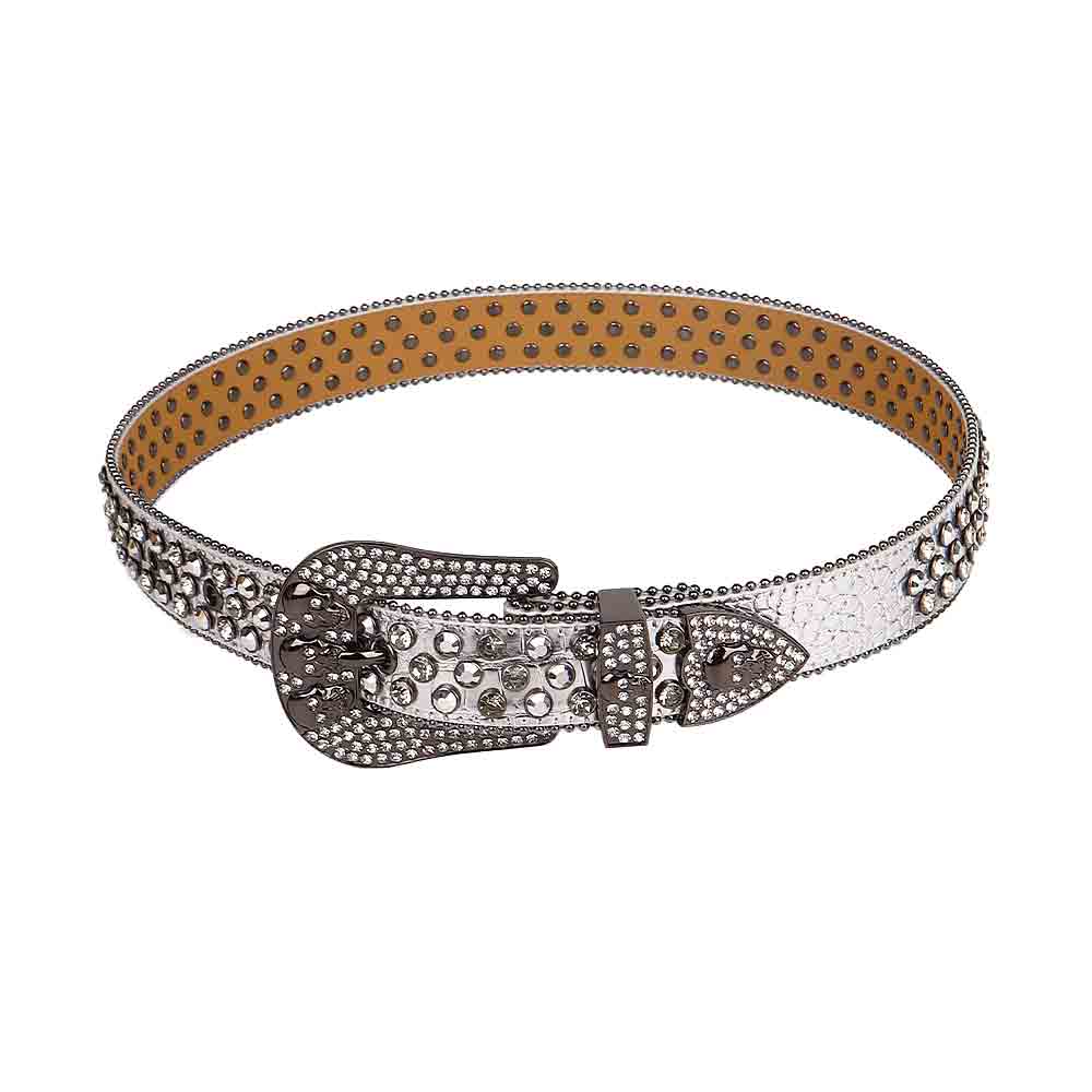 Silver Strap With 7 Skulls Silver & White Adorned Rhinestone Belt