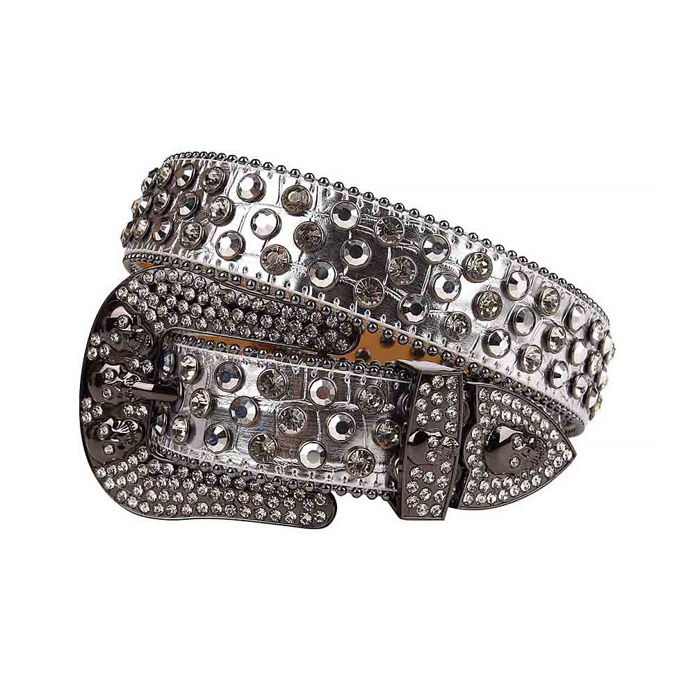 Silver Strap With 7 Skulls Silver & White Adorned Rhinestone Belt
